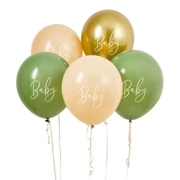 Palloncini Baby Shower Salvia, Nude e Oro da 30 cm – Set da 5
