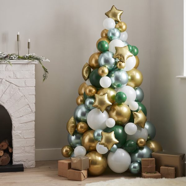Kit Albero di Natale di palloncini verdi, oro e bianchi